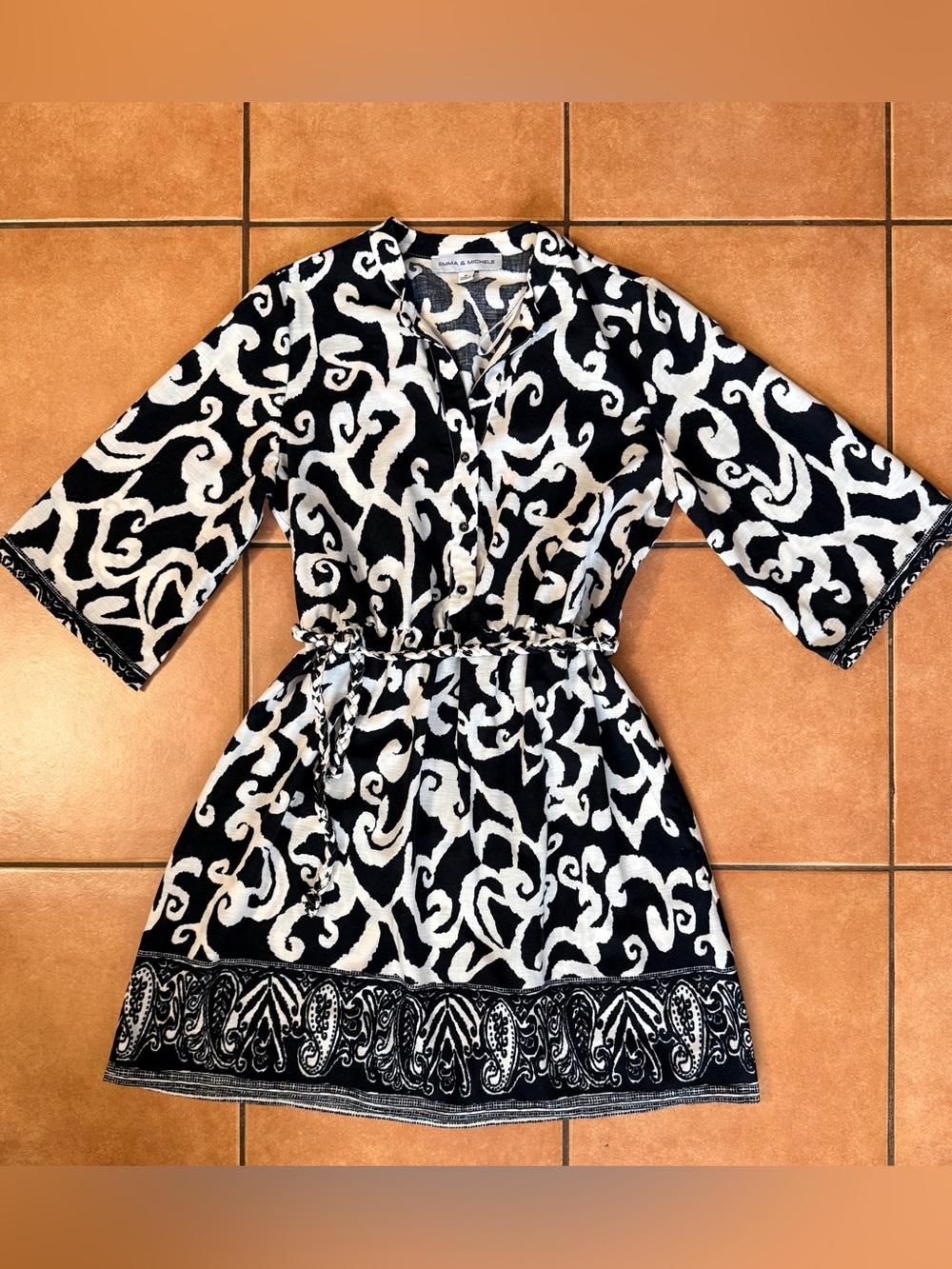 Emma & Michele Black and White Swirl Tie-Waist Mini Dress Size Medium